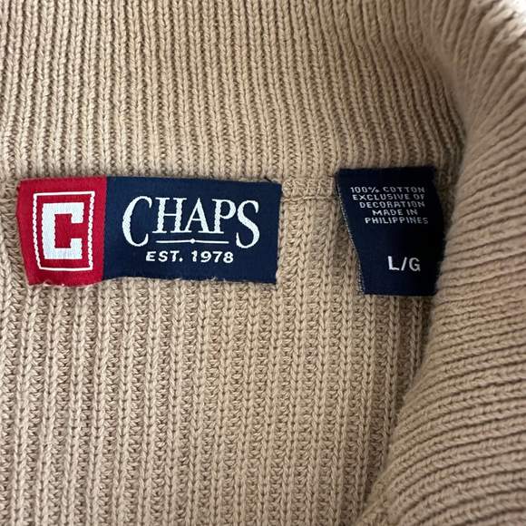 Chaps Mens Beige Cotton Knit Cardigan Sweater Zip up Size L Elbow Patches - Picture 2 of 9
